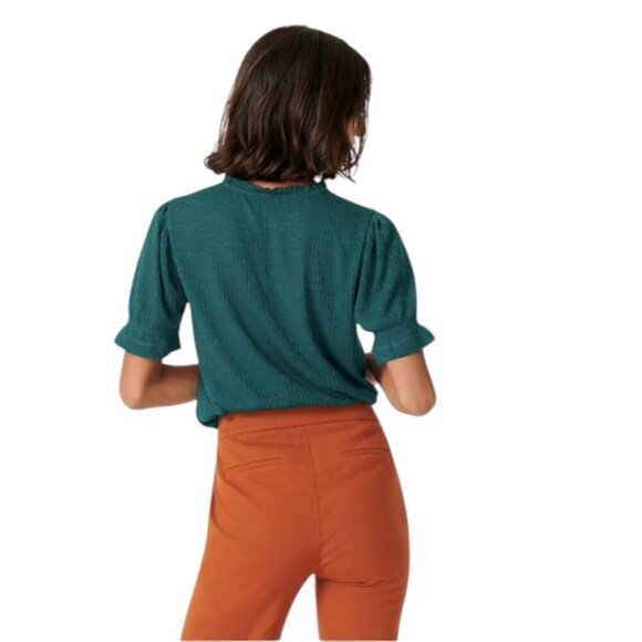 J. Crew Green Pointelle Short Sleeve Ruffle Neck Top - Picture 3 of 12